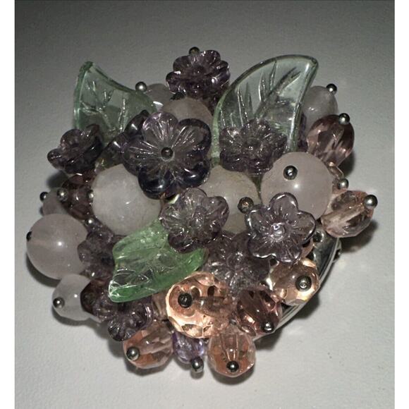 Floral Glass Quartz Pin Brooch, Pink Multi, J-01-39 - Picture 3 of 5